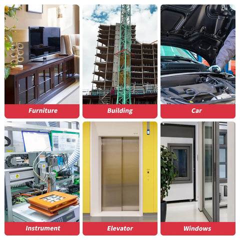 Collage of six images showing furniture, a building, a car engine, instruments, an elevator, and windows, highlighting diverse uses.