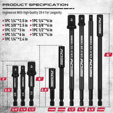Built Tough 9 Piece Impact Socket Adapter Set For Drill with varied 1/4, 3/8, 1/2 inch CR-V steel sizes