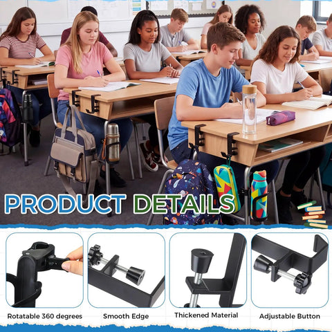 Classroom with 24 Piece Classroom Water Bottle Holders And Backpack Hooks outfitting desks, students studying.