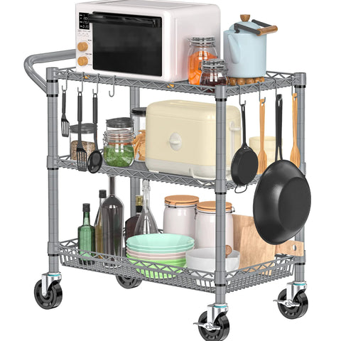 Heavy Duty 3 Tier Metal Utility Rolling Cart With Wheels For Kitchen Garage Office And Commercial Use, loaded with kitchen items