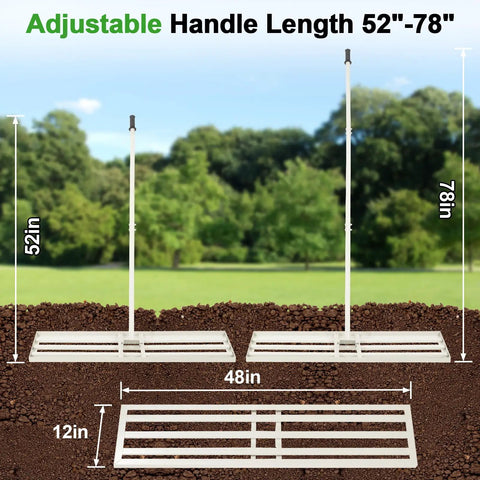 48 By 12 Inch Lawn Leveling Rake, Heavy Duty Galvanized Steel Lawn Leveler With Adjustable 78 Inch Handle in garden setting