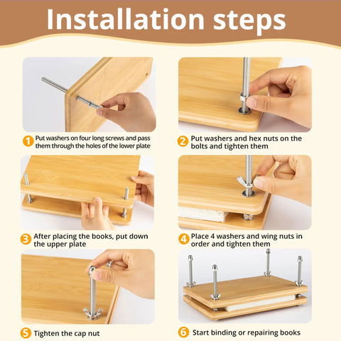 Installation steps of 50 Piece Book Binding Kit For Newbies Complete DIY Set With Tools And Clear Instructions Includes Book Press Wax Thread Needles Awl Plastic Bone Folders Cloth And All Essentials For 11.6 By 7.8 Inch Projects, showing assembly of the book press with step-by-step instructions.