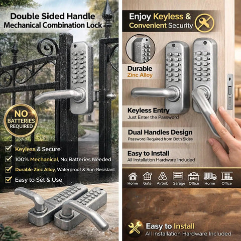 Battery Free Mechanical Combination Code Lock With Double Sided Keypad For Outdoor Gates And Exterior Doors Weatherproof Security Lock shown in use on gate and door