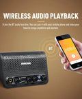Beast 10W Mini Guitar Amp For Bedroom Practice Portable All-In-One Bluetooth Amp With Clean And Overdrive Modes Reverb Rechargeable Battery Aux In Built-In Speaker Triangle QAM-10 with smartphone for wireless audio playback.