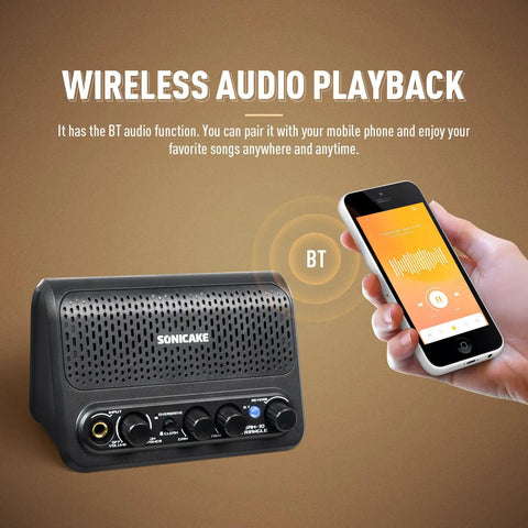 Beast 10W Mini Guitar Amp For Bedroom Practice Portable All-In-One Bluetooth Amp With Clean And Overdrive Modes Reverb Rechargeable Battery Aux In Built-In Speaker Triangle QAM-10 with smartphone for wireless audio playback.