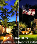 Outdoor Spotlight Flag Light 120V 10W illuminating palm trees, flagpole, yard, and house exterior in warm white light