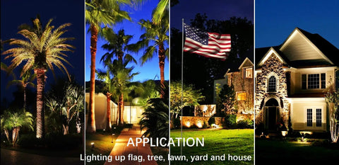 Outdoor Spotlight Flag Light 120V 10W illuminating palm trees, flagpole, yard, and house exterior in warm white light