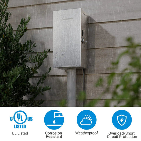 Outdoor 300W Low Voltage Transformer With Multi Tap Output 12V 13V 14V 15V For Landscape Lighting Stainless Steel Shield ETL Listed Weatherproof Power Supply mounted outdoors
