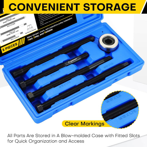 Image of Five Piece Long Reach Harmonic Balancer Installation Tool Kit With Extended Forcing Rods in blow-molded case for GM Dodge V8 V6 Engines