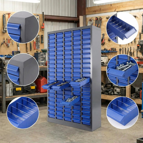 100 Drawer Parts Cabinet With Mega Capacity For Garage Shop Tools featuring labeled blue drawers and hardware storage bins