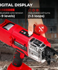 Automatic Rebar Tie Gun Cordless Electric Wire Twister Tool in use with digital display showing settings
