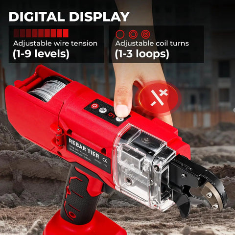 Automatic Rebar Tie Gun Cordless Electric Wire Twister Tool in use with digital display showing settings