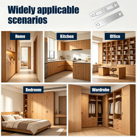 Premium Stainless Steel Magnetic Door Catch With Adhesive Strips And Screws in home, kitchen, office, bedroom, wardrobe settings.