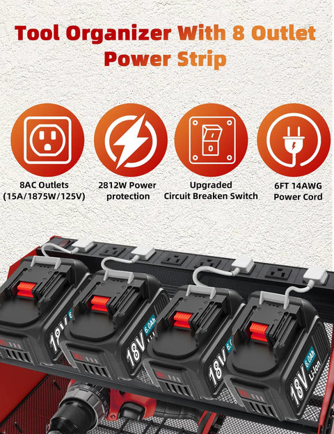 Heavy Duty Power Tool Organizer With Charging Station, 3 Layer Wall Mount Rack With Screwdriver Tray, 8 Outlet Power Strip