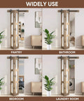 Four installed views of 32 Inch Bifold Glass Barn Door Kit With Hardware Included, showing use in pantry, bathroom, bedroom, laundry room.