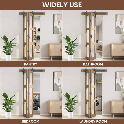 Four installed views of 32 Inch Bifold Glass Barn Door Kit With Hardware Included, showing use in pantry, bathroom, bedroom, laundry room.