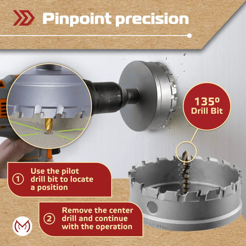 Heavy Duty 4 Inch Carbide Hole Saw for Hard Metal with drill demonstrating precision, including ejector spring and titanium plated pilot bits.