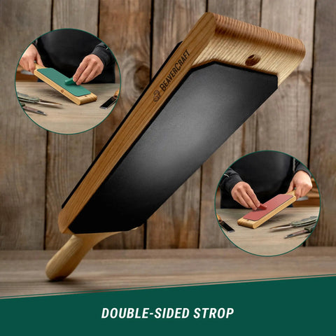 Double-sided leather strop kit with ash handle and compound for sharpening knives, chisels, and wood carving tools.