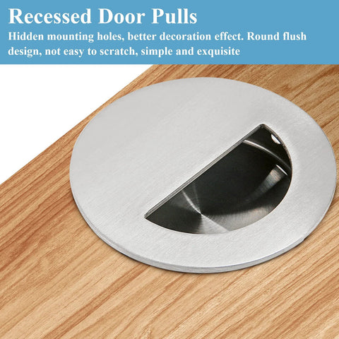 Close-up of 2 Pcs Round Hidden Flush Door Pulls Recessed Stainless Steel Handles In Brushed Nickel Finish, installed on wooden surface