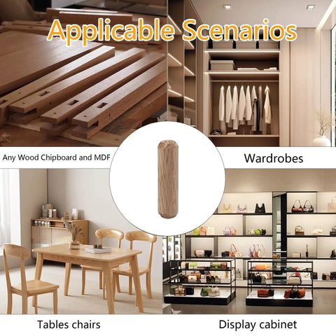 Wooden Dowel Pins 8X30MM Hardwood Twist Groove Pegs in scenarios for wardrobes, tables, and display cabinets.