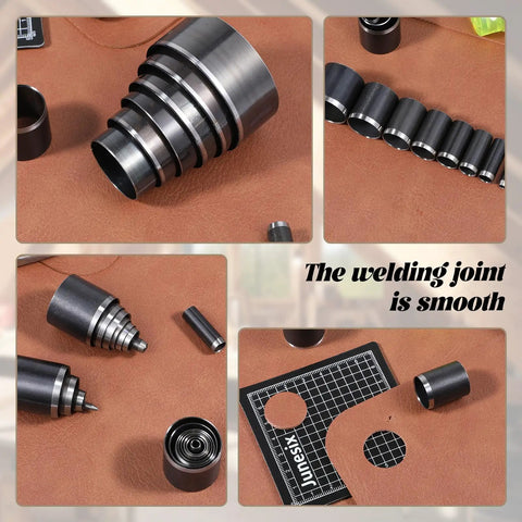 Leather Circle Cutter Tool Set With 31 Piece Circle Punches From 1mm To 55mm Pro Grade High Carbon Steel Cutting Dies on leather surface