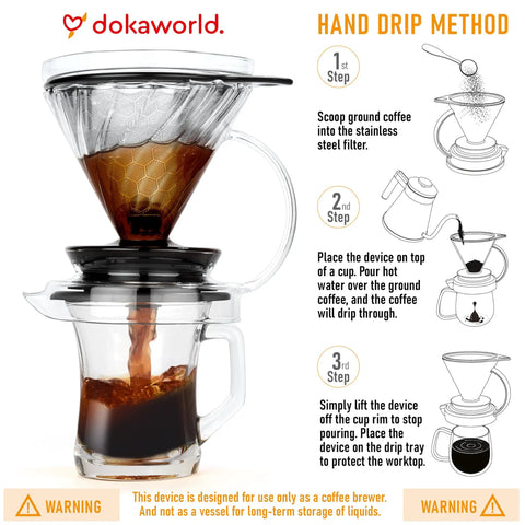 Premium Borosilicate Glass Pour Over Coffee Dripper With Reusable Stainless Steel Filter demonstrating hand drip coffee method.