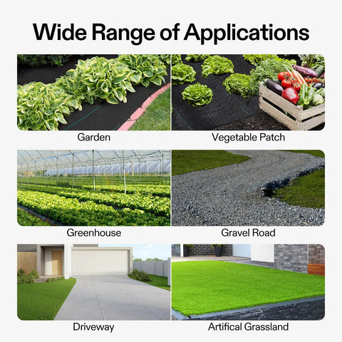 Heavy Duty Pro Grade Weed Barrier Landscape Fabric 5 Oz Dual Layer Ground Cover Mat applications in garden, greenhouse, driveway.