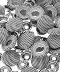 Car Roof Headliner Repair Button Kit Easy Install 50 Pieces Upholstery Pins Snap Rivets Retainer For Interior Ceiling Sagging Fix Grey Flannelette Fabric Automotive Roof Lining Repair Tool, close-up view of grey textured buttons and metal rivets.