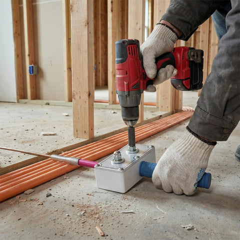 Drill Powered Wire Puller And Automatic Cable Threading Machine Smooth Conduit Wizard in use with power drill and conduit.