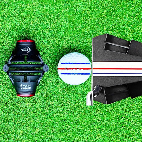 Pro Grade Liner Black Golf Ball Marker Alignment Tool Kit with 360 Degree Triple Line Stencil and pens on green grass