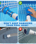 Must Have Pool Vacuum Hose Adapter Kit Compatible With Adapter B showing proper and improper attachment methods to pool wall