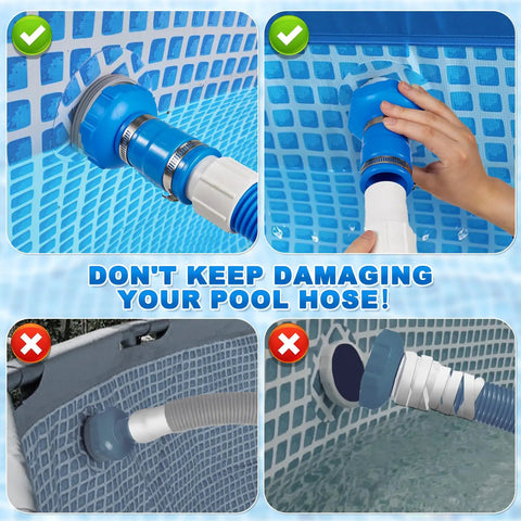Must Have Pool Vacuum Hose Adapter Kit Compatible With Adapter B showing proper and improper attachment methods to pool wall