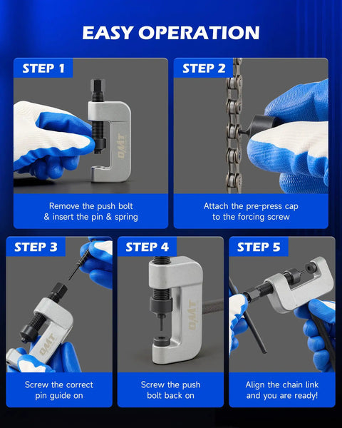 Steps to use 20 Piece Motorcycle Chain Tool Kit With Powder Coated C Frame And 5 Pins Pre Press Cap for chain link adjustments