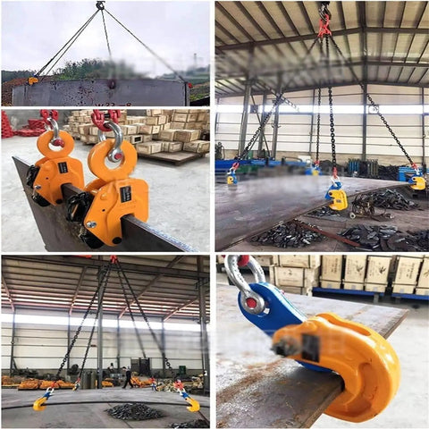 Rock Solid Vertical Plate Lift Heavy Duty Sheet Steel Clamp Granite Slab Lifter shown lifting steel sheet in workshop.