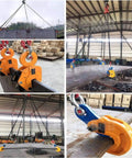 Heavy Duty Vertical Plate Clamp 5 Ton 11000 Lbs beefy alloy steel sheet lifter gripping a metal sheet in a warehouse.