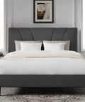 Rock Solid Upholstered King Bed Frame With Adjustable Headboard And Soft Grey Linen, Wood Slat Support, No Boxspring Needed, Quick Assemble, Bedroom Glow Up with pillows and cozy bedding.