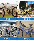 Collage of motorized bicycles with 49cc, 60cc, 66cc, and 80cc engines, highlighting 9 Holes Sprocket Mount Kit compatibility