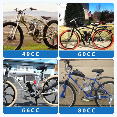 Collage of motorized bicycles with 49cc, 60cc, 66cc, and 80cc engines, highlighting 9 Holes Sprocket Mount Kit compatibility