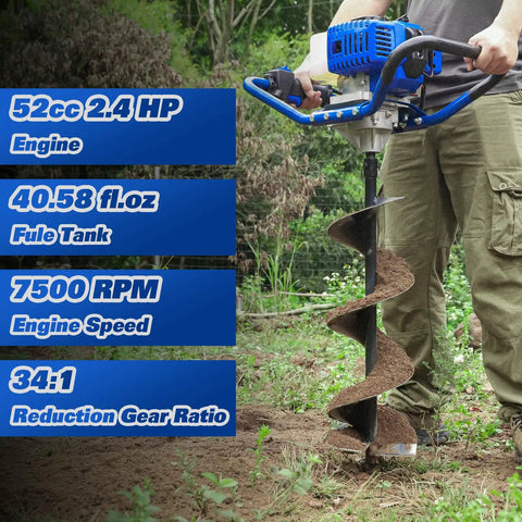 Person using Gas Powered Post Hole Digger With 52cc 2.4 HP Two Stroke Engine, 30 Inch Long 8 Inch Diameter Manganese Steel Auger Bit