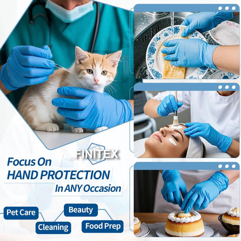 Blue Nitrile Disposable Exam Gloves Thick 3.5 Mil Powder Free Latex Free Medical Office Home Cleaning Food Handling X Large 200 Count Box Built Tough Tear Resistant Grip in use for various tasks such as pet care, washing dishes, beauty treatments, and food preparation.