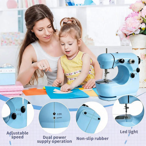 Get Your Threads Sorted Quick Super Portable Sewing Machine For Beginners with adjustable speed and LED light used by mother and daughter.