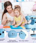 Straight Up Hassle Free Compact Mini Sewing Machine With Dual Speed Options Bright Led Lamp Extension Table And Slick All In One Beginner Kit For Diy Fabrics in use by a mother and daughter.
