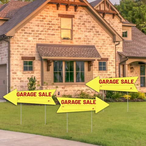 Garage Sale Sign With Stakes Waterproof Reusable Double Sided Arrow Signs 16x5 Inches Plastic Yard Sale Supplies Directional Arrows To Grab Attention And Bring In Shoppers 3 Pack, yellow arrows on lawn
