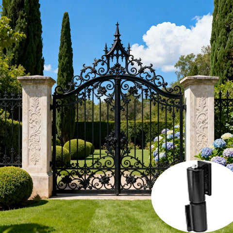 Heavy Duty 5 Inch Barrel Gate Hinge Set For Iron Weld On Install 4 Pack 450 Pound Capacity Barrel Style Gate Hinges installed on iron gate