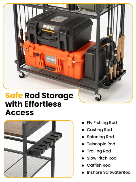 Garage Fishing Gear Rack With Four Tier Design And Top Reel Holder Holds Up To Six Spinning Reels shown with tackle boxes