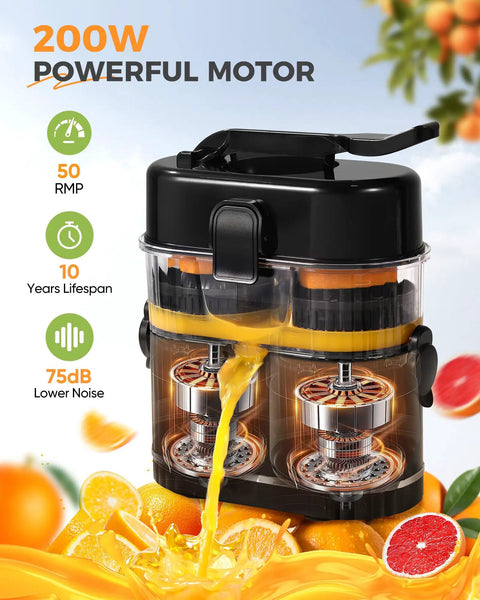 Amzpass Dual Head Electric Orange Juicer With Built In Cutter Citrus Squeeze Machine one touch auto press with fast juice extraction.