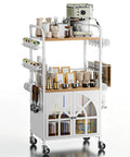 Slick 3 Tier Rolling Coffee Bar Cart For Compact Kitchens Featuring Space Savvy Corner Layout Easy Glide Casters And Nifty K Cup Pod Rack Plus Storage Hooks with coffee maker and supplies.