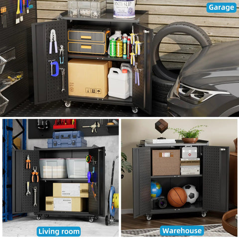 Metal Garage Storage Cabinet With Wheels Pegboard Lockable Doors Four Adjustable Shelves 71 Inch Tall Steel Cabinet for Home or Shop