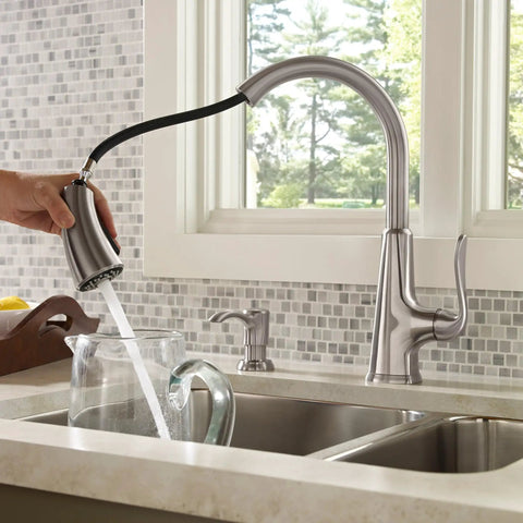 Kitchen Pull Down Hose Replacement For F5297PD Pasadena Faucet in use filling pitcher at modern sink
