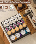 All In One Coffee Station Organizer With K Cup Holder And 28 Cup Capacity in rustic brown with coffee capsules in drawer.